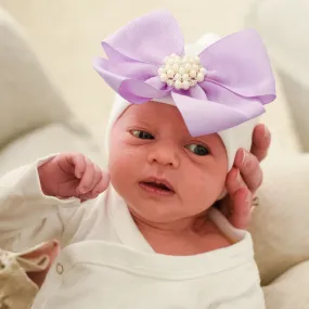 Violet Pearl Bow Newborn Girl Hospital Hat - White Hat with Purple Ribbon Bow