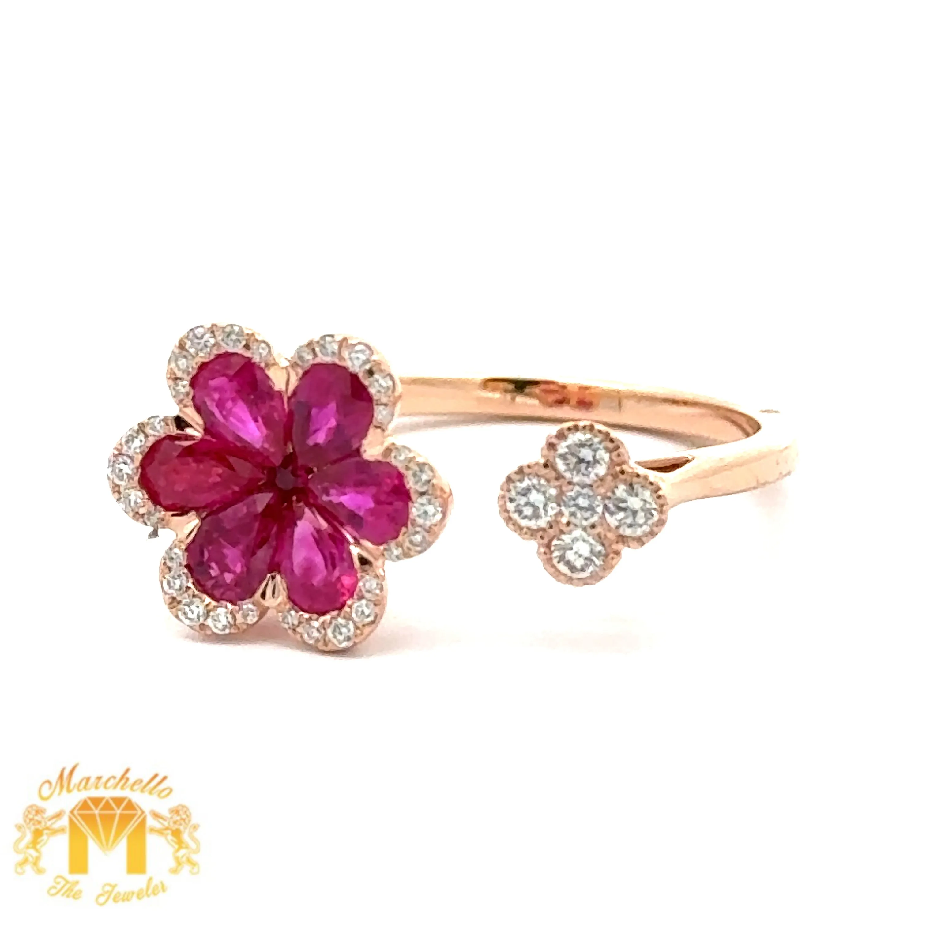 VVS/vs high clarity of diamonds set in a 18k Gold Flower Ladies`Ring with Ruby and Sapphire & Round Diamonds (choose your color)