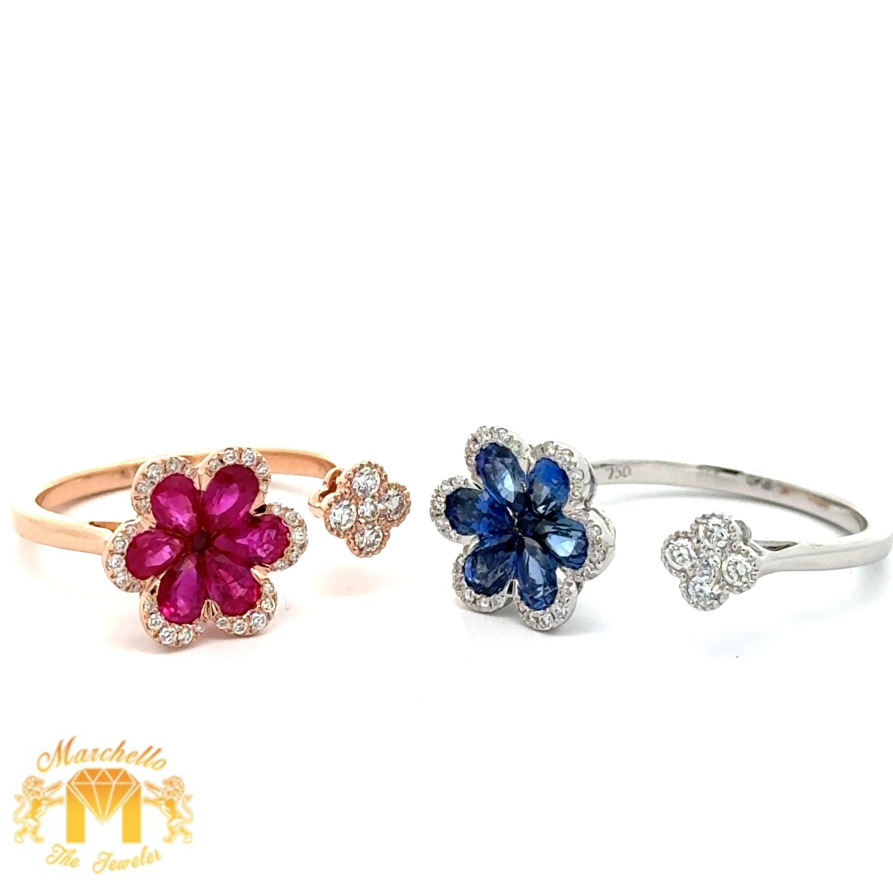 VVS/vs high clarity of diamonds set in a 18k Gold Flower Ladies`Ring with Ruby and Sapphire & Round Diamonds (choose your color)