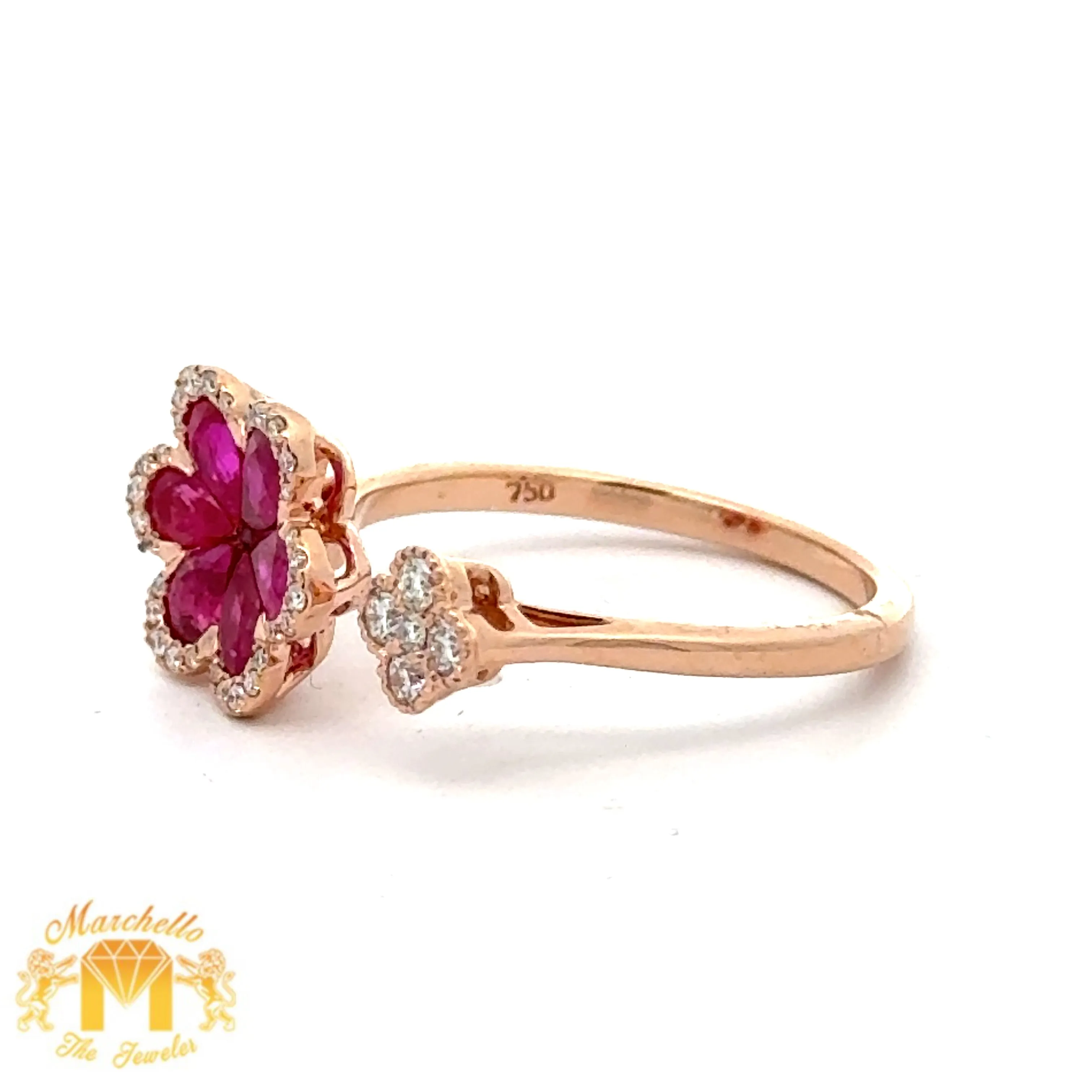 VVS/vs high clarity of diamonds set in a 18k Gold Flower Ladies`Ring with Ruby and Sapphire & Round Diamonds (choose your color)