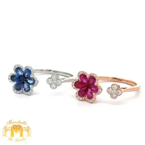 VVS/vs high clarity of diamonds set in a 18k Gold Flower Ladies`Ring with Ruby and Sapphire & Round Diamonds (choose your color)