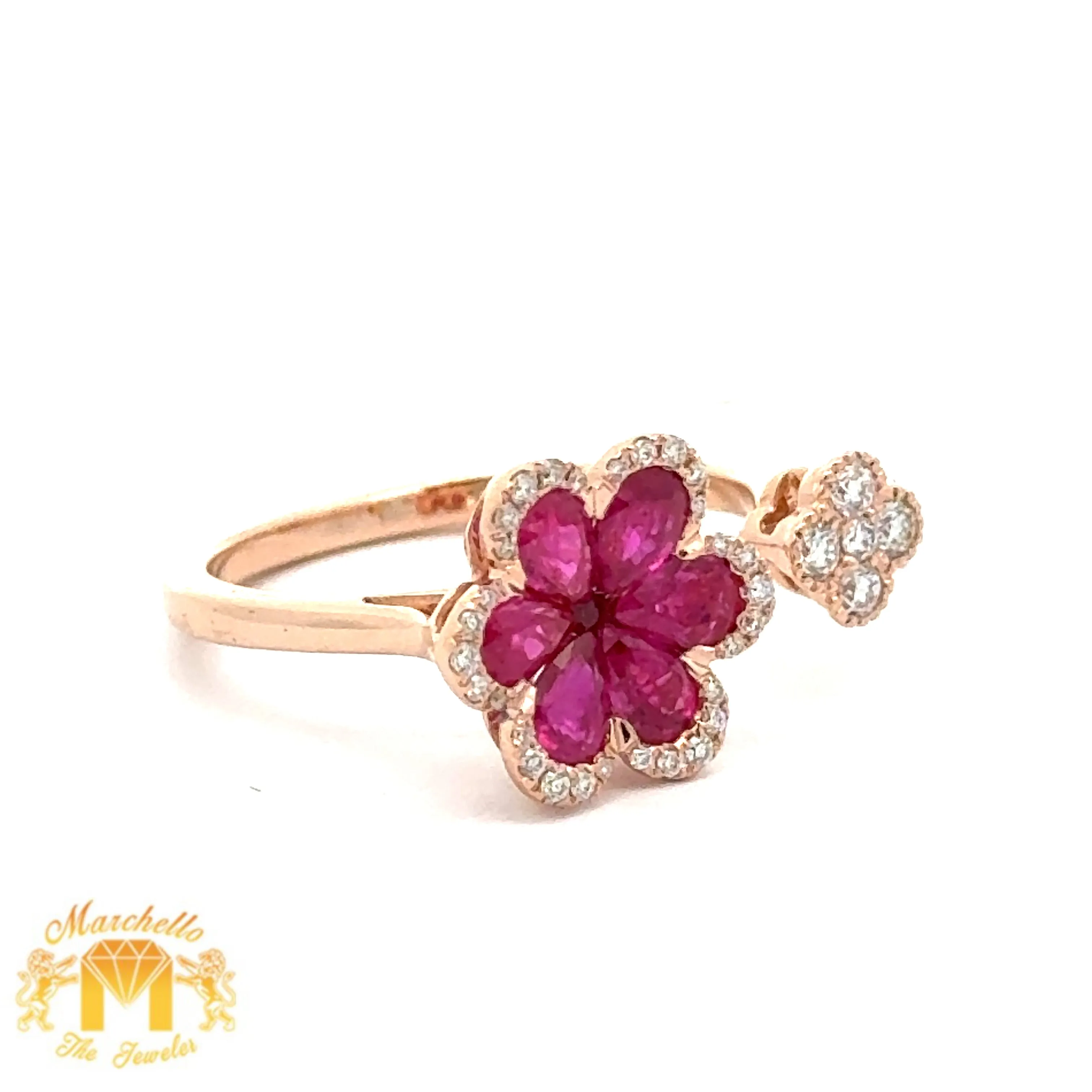 VVS/vs high clarity of diamonds set in a 18k Gold Flower Ladies`Ring with Ruby and Sapphire & Round Diamonds (choose your color)