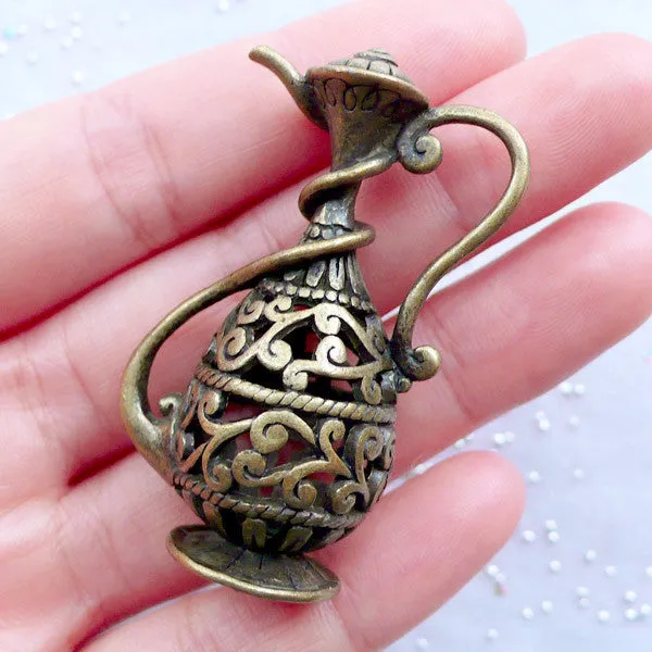 Wine Pot Charm with Filigree Pattern | Hollow Tea Pot Charm | 3D Vintage Teapot Pendant | Miniature Flagon Charm | Dollhouse Tableware Charm in Antique Style | Zakka Supplies (1 piece / Antique Bronze / 33mm x 48mm / 2 Sided)